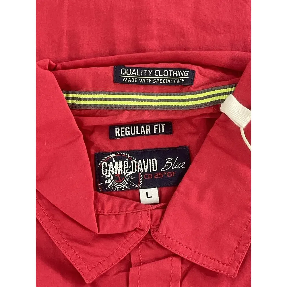 Camp David Shirt Mens Large Button Up Embroidered Red Long Sleeve N249